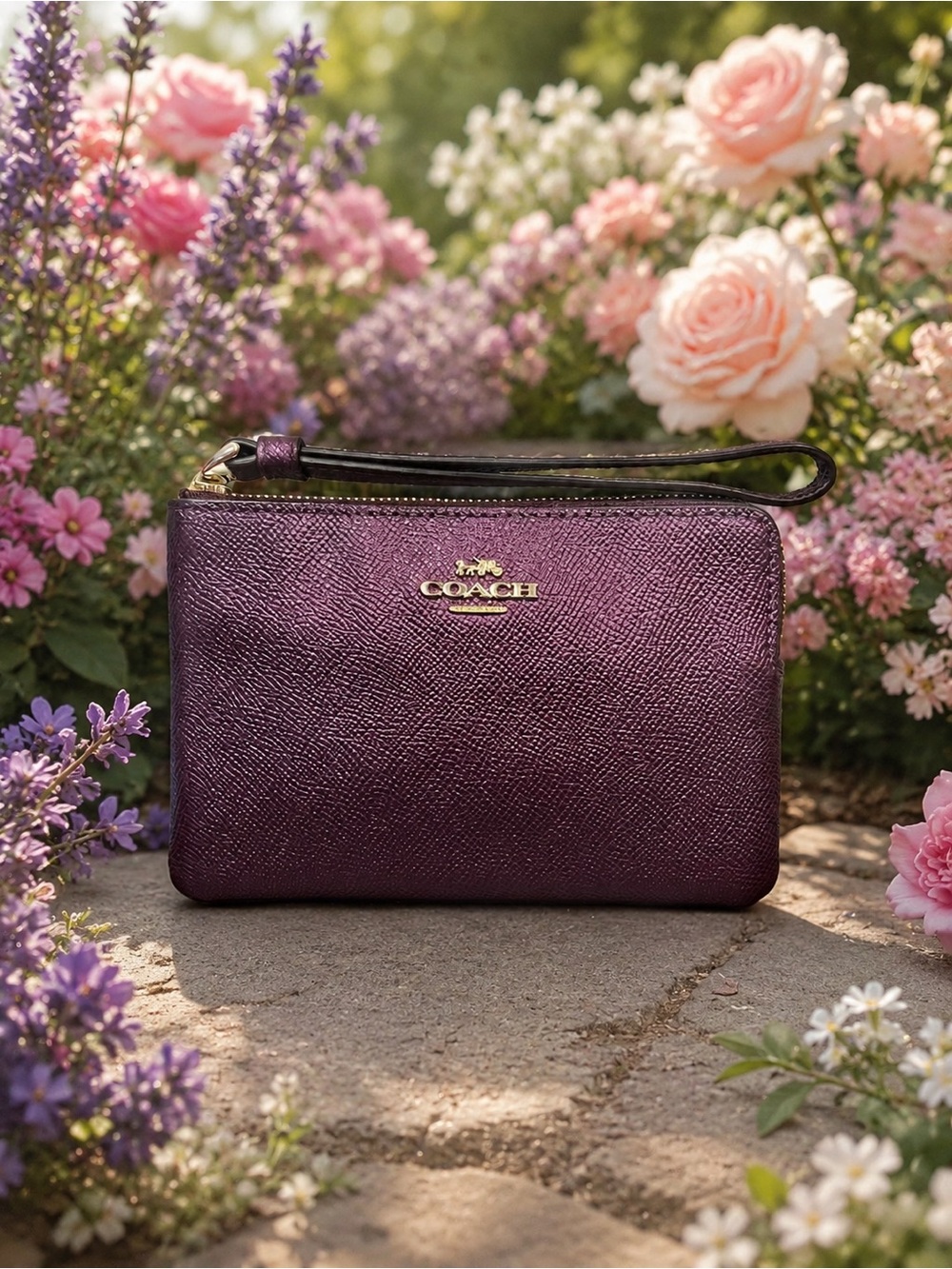 Coach Plum Purple Leather Wristlet with Gold Tone Logo